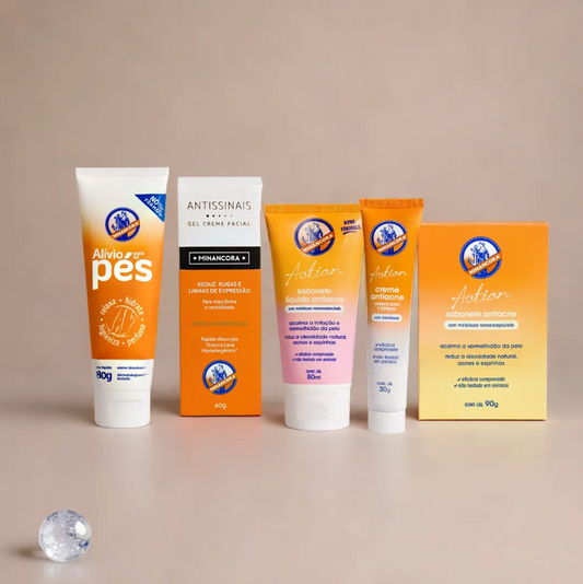 Minancora da Cabeça aos Pés: Sabonete Líquido Facial + Creme Action + Alívio para os Pés + Creme Antissinais + Sabonete em Barra