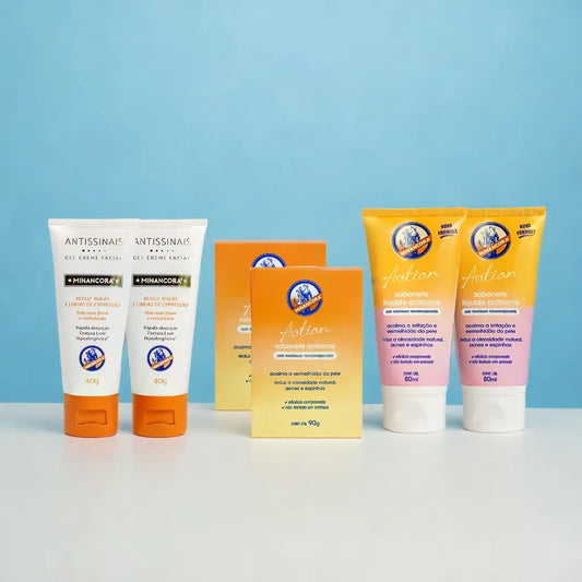 Kit Sempre Jovem: 2x Sabonete Líquido Facial + 2x Gel Creme Antissinais + 2x Sabonete em Barra Antiacne